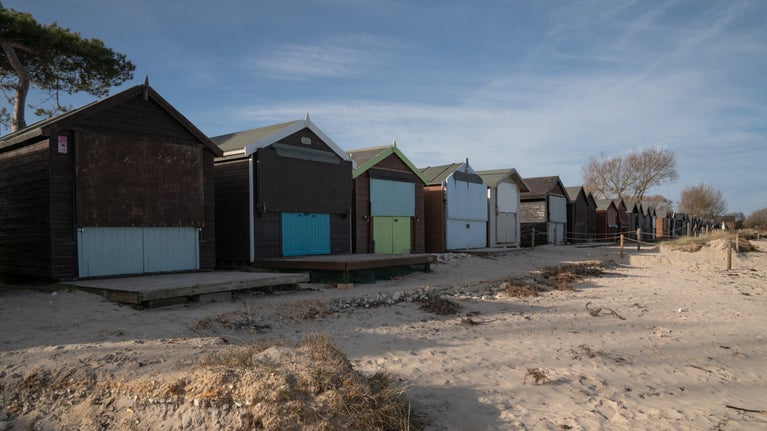 A number of wooden beach huts in a row along the sandy shore at Studland Bay
